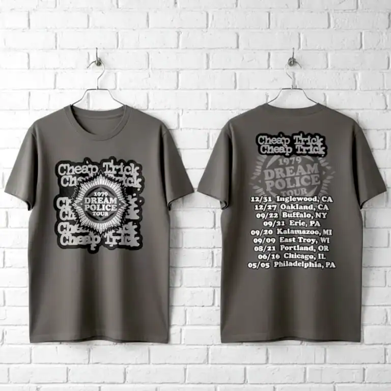 Cheap Trick Dream Police US Tour 1979 men's T shirt with tour dates and logo.