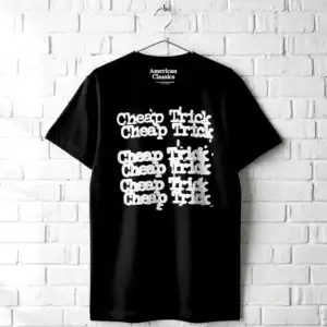 Black men's T-shirt with repeated Cheap Trick logo design for casual wear.