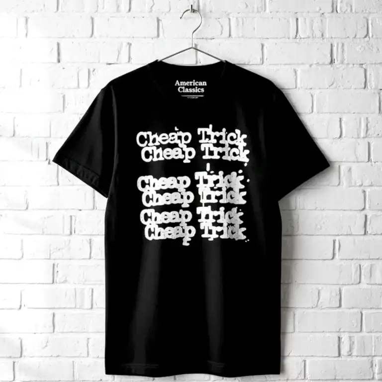 Black men's T-shirt with repeated Cheap Trick logo design for casual wear.
