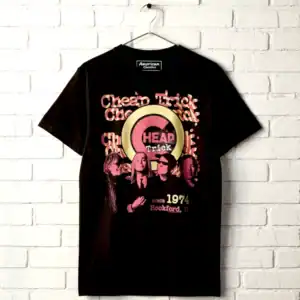Vintage Cheap Trick 1974 Rockford concert band T shirt, black with retro graphic design.