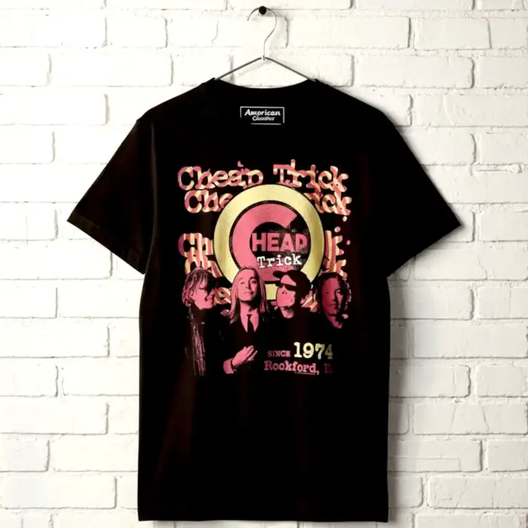 Vintage Cheap Trick 1974 Rockford concert band T shirt, black with retro graphic design.