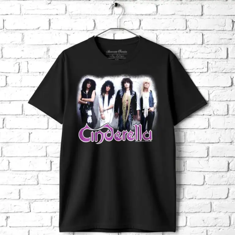 Black men's T-shirt featuring Cinderella band graphic and logo design.