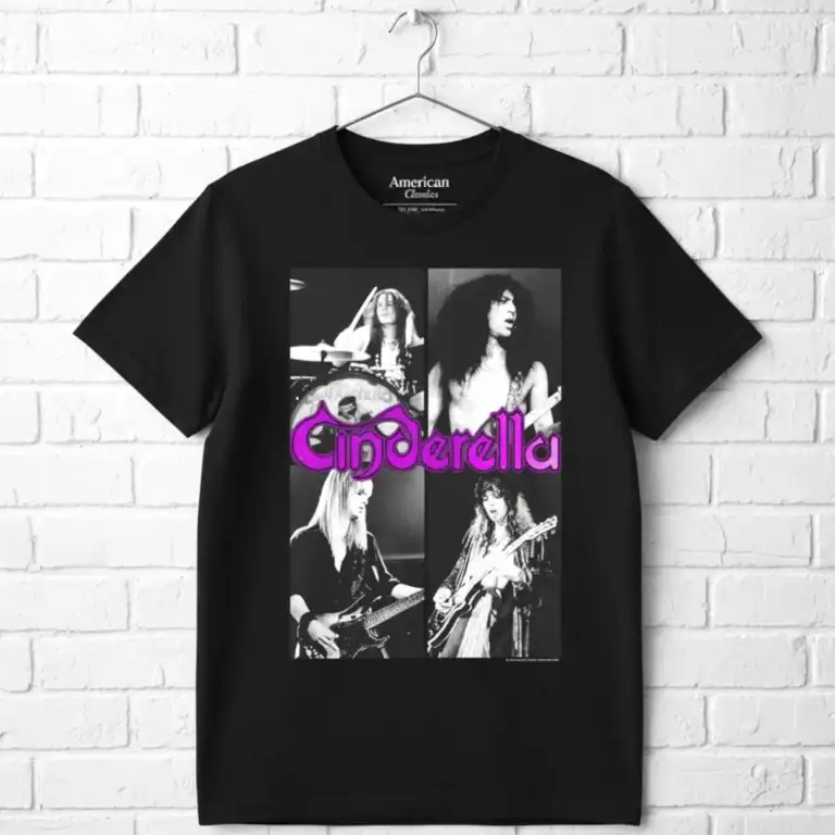 Vintage Cinderella band collage T shirt for men, featuring black and white images with purple logo.
