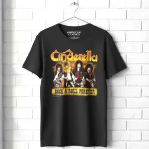 Cinderella Rock & Roll Forever men's T shirt with band graphic and vintage style design.