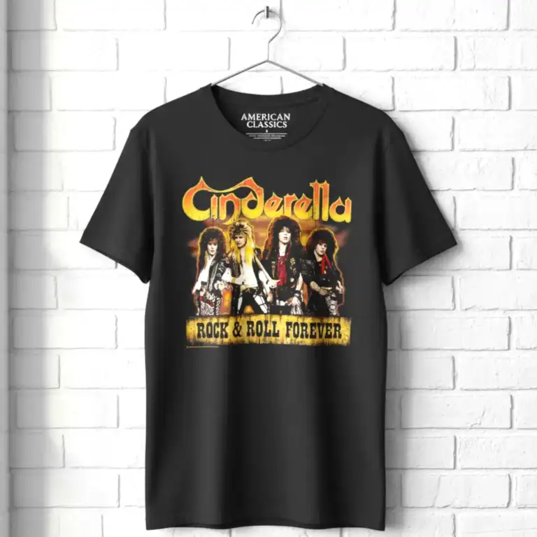 Cinderella Rock & Roll Forever men's T shirt with band graphic and vintage style design.