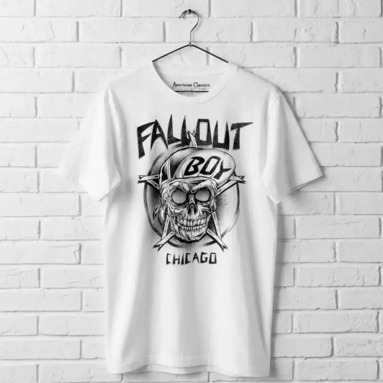 Skull graphic T-shirt featuring Fall Out Boy Chicago design for men. Perfect for music fans and rock.