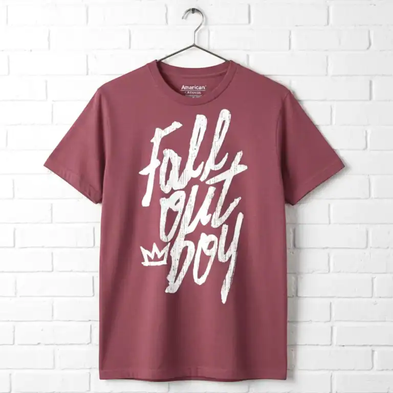 Men's maroon Fall Out Boy band T-shirt with crown logo design.