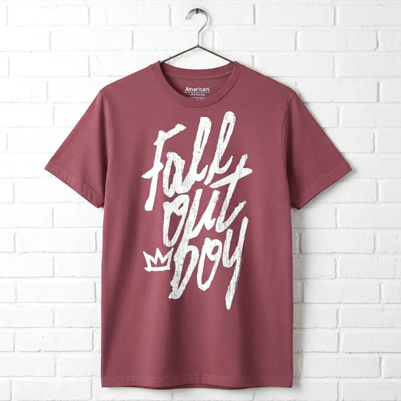 Men's maroon Fall Out Boy band T-shirt with crown logo design.