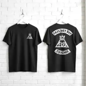 Fall Out Boy biker logo men's T-shirt with Chicago design, casual band merchandise, rocker style tee.