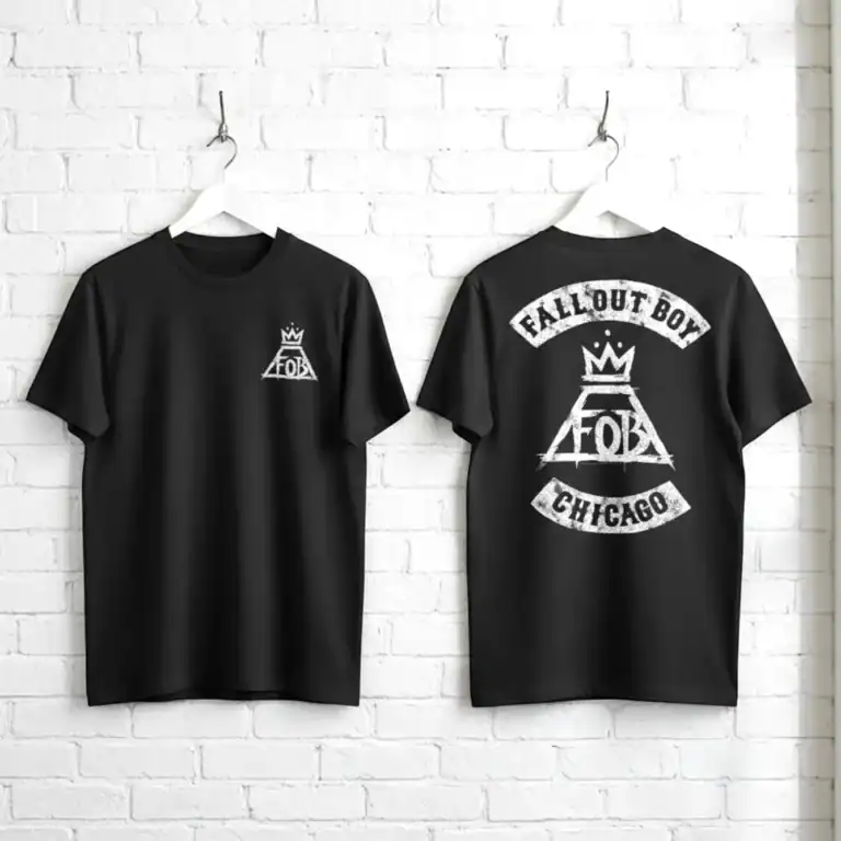 Fall Out Boy biker logo men's T-shirt with Chicago design, casual band merchandise, rocker style tee.