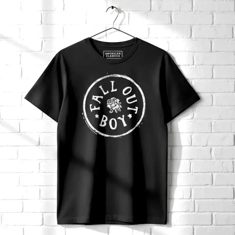 Fall Out Boy rose stamp graphic T-shirt for men, featuring band logo and vintage style.