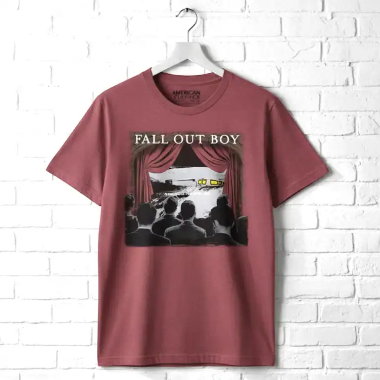 Men's Fall Out Boy album T shirt featuring band logo and stage scene design.