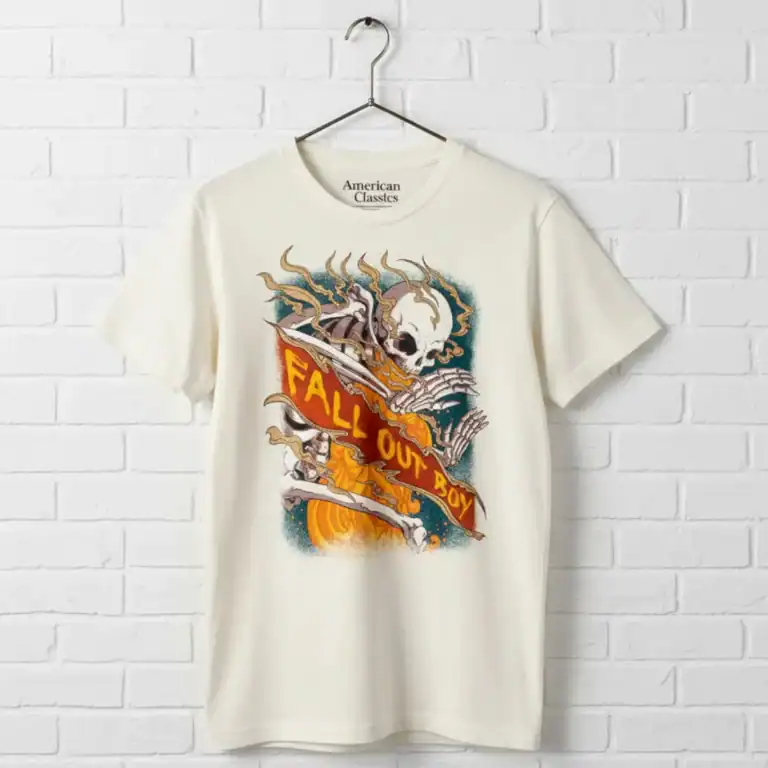 Skeleton on fire with Fall Out Boy logo T-shirt design, casual men's graphic tee.