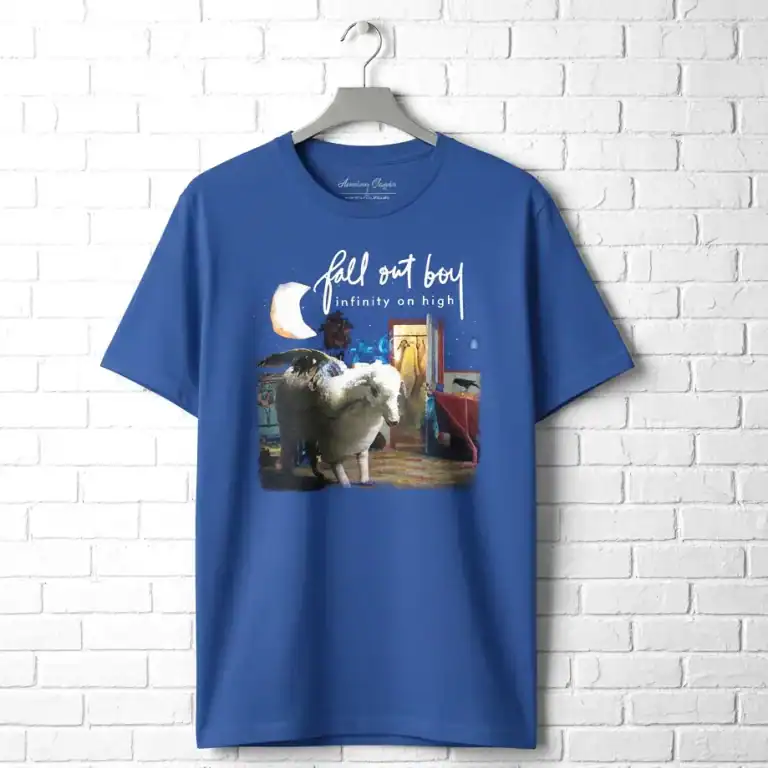 Fall Out Boy Infinity on High album men's T shirt, vibrant blue, band merchandise, music fan apparel.