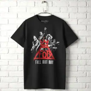 Black Fall Out Boy band logo T-shirt with band members graphic.