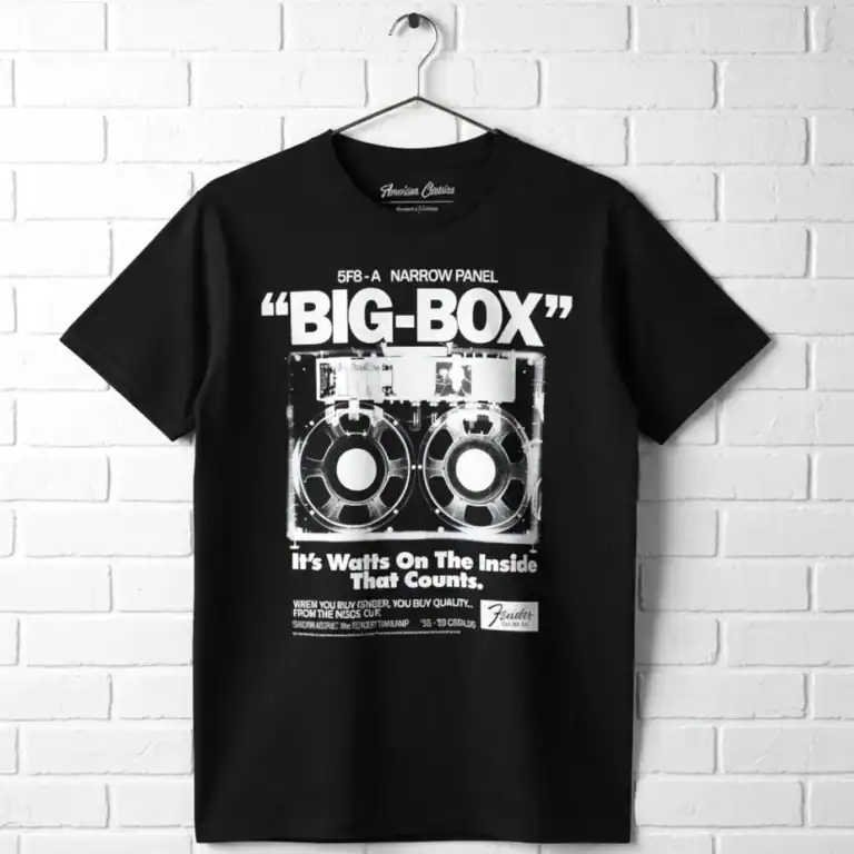 Men's T shirt featuring Fender Big-Box Watts design and inside sound system graphic.