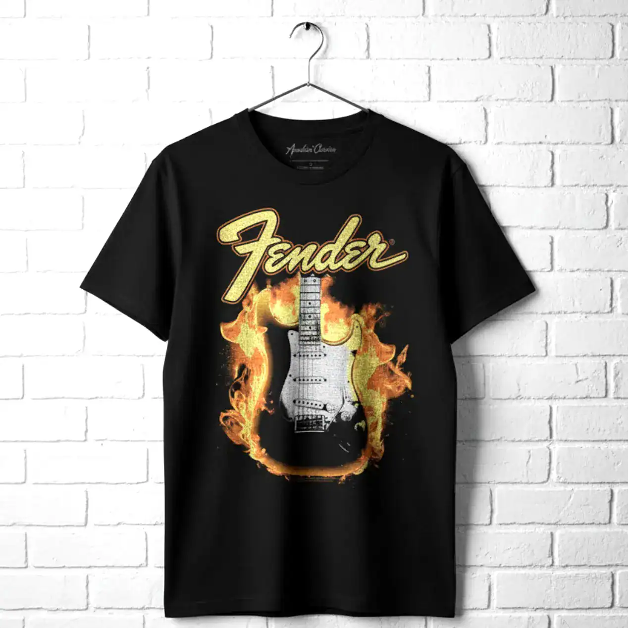 Fender flaming guitar graphic T-shirt for men, stylish and comfortable music-inspired apparel.