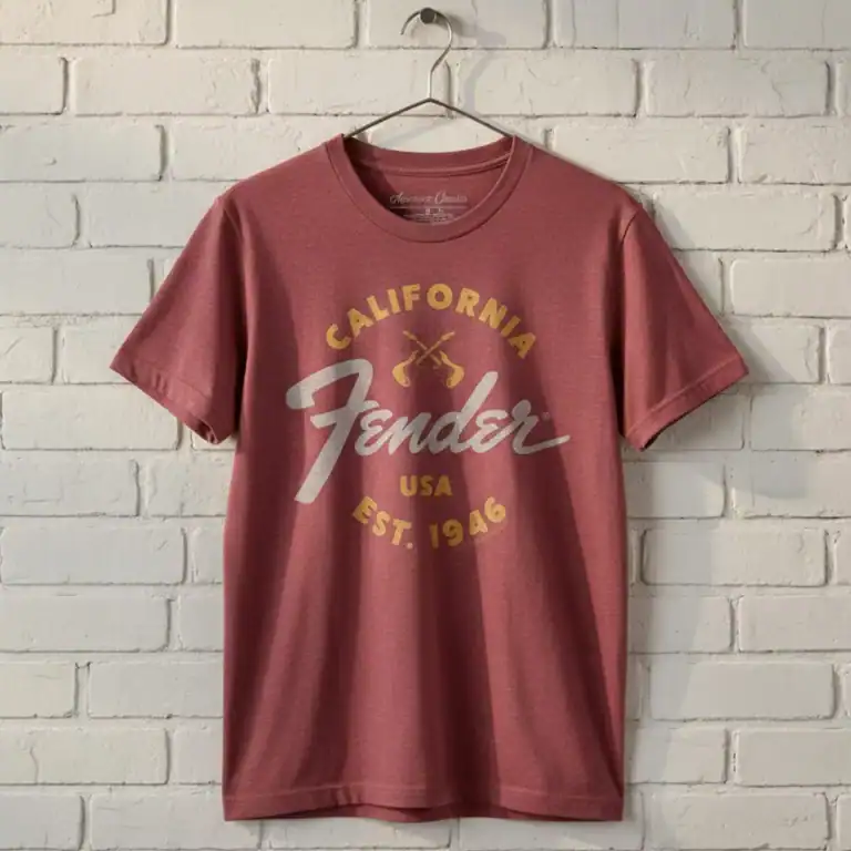 Fender California USA 1946 men's T-shirt with vintage logo and crossed guitars.