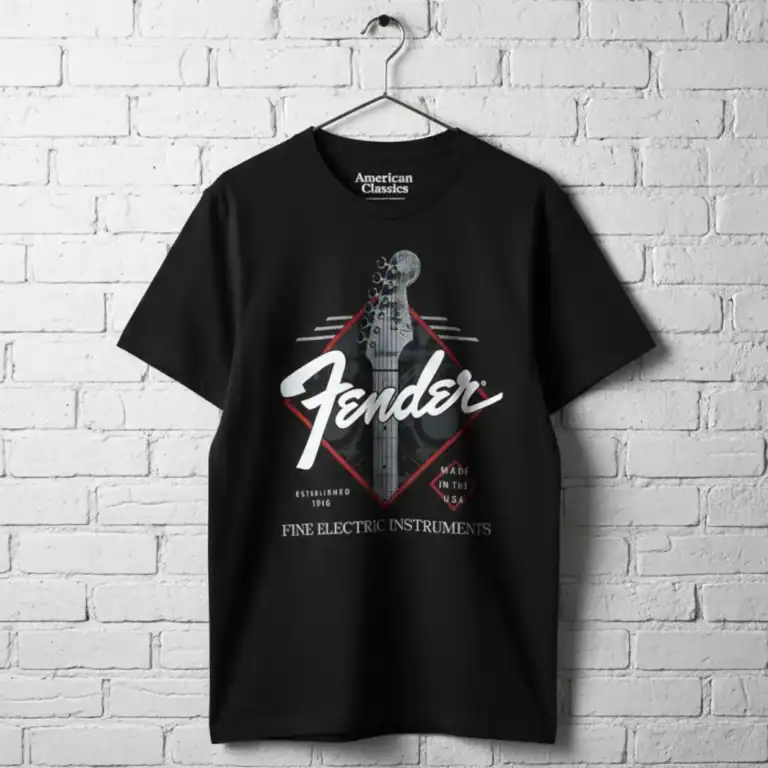 Fender USA men's T shirt with electric guitar graphic and vintage design.