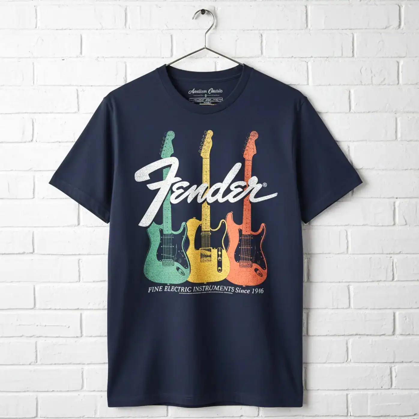 Fender electric guitar graphic T-shirt for men, featuring colorful guitar illustrations on a navy ba.