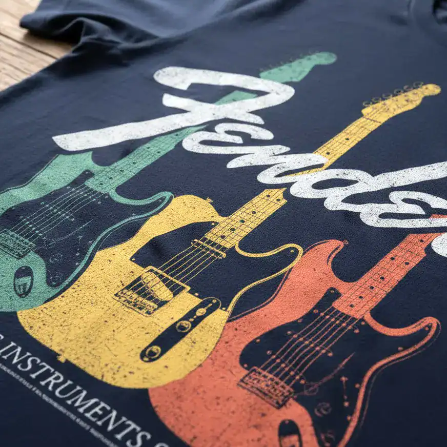 Brightly colored guitar graphic T-shirt for music lovers and musicians.