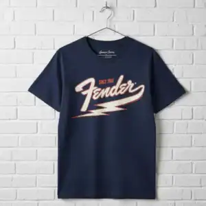 Fender logo men's T-shirt, vintage style, perfect for music fans and guitar enthusiasts.