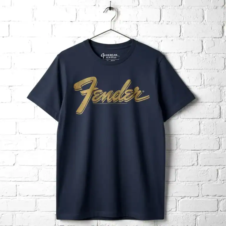 Fender Faded Logo Men's T Shirt, casual black tee with vintage-style gold Fender logo. Perfect for m.