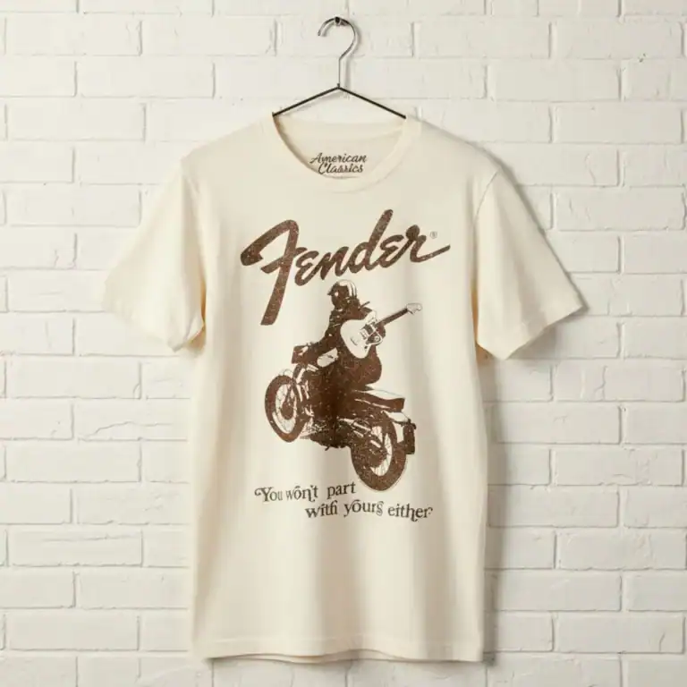 Classic Fender men's T-shirt featuring motorcycle and guitar graphic, perfect for music lovers.