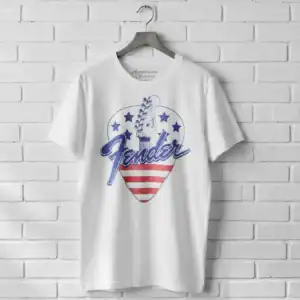 White men's T-shirt with Fender guitar pick and American flag design.