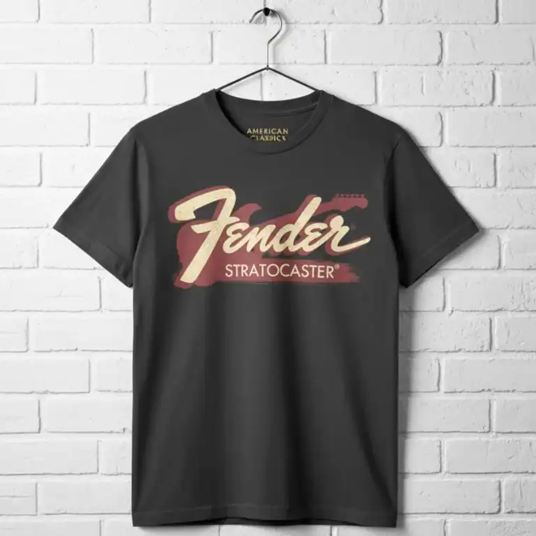 Fender Stratocaster guitar graphic T-shirt for men, perfect for music lovers and guitar enthusiasts.
