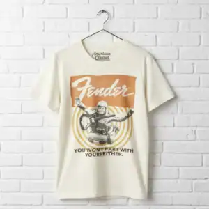 Fender skydiving guitar graphic T-shirt for men, casual and stylish music-inspired apparel.