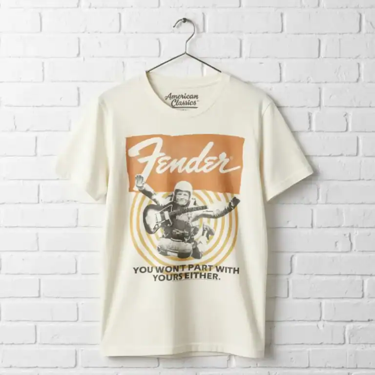 Fender skydiving guitar graphic T-shirt for men, casual and stylish music-inspired apparel.