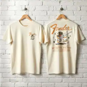 Fender vinyl recording machine graphic T-shirt for men, vintage-inspired music apparel.