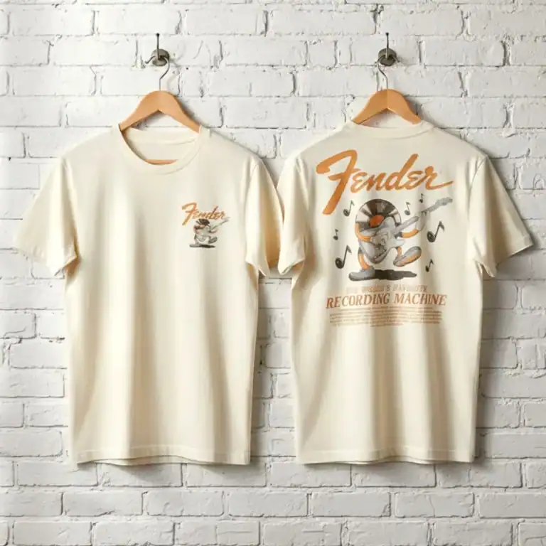 Fender vinyl recording machine graphic T-shirt for men, vintage-inspired music apparel.