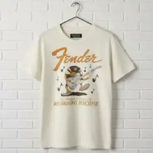 Men's T shirt featuring Fender recording machine graphic and music notes.