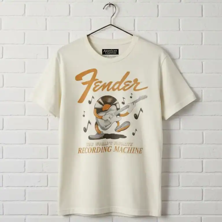 Men's T shirt featuring Fender recording machine graphic and music notes.