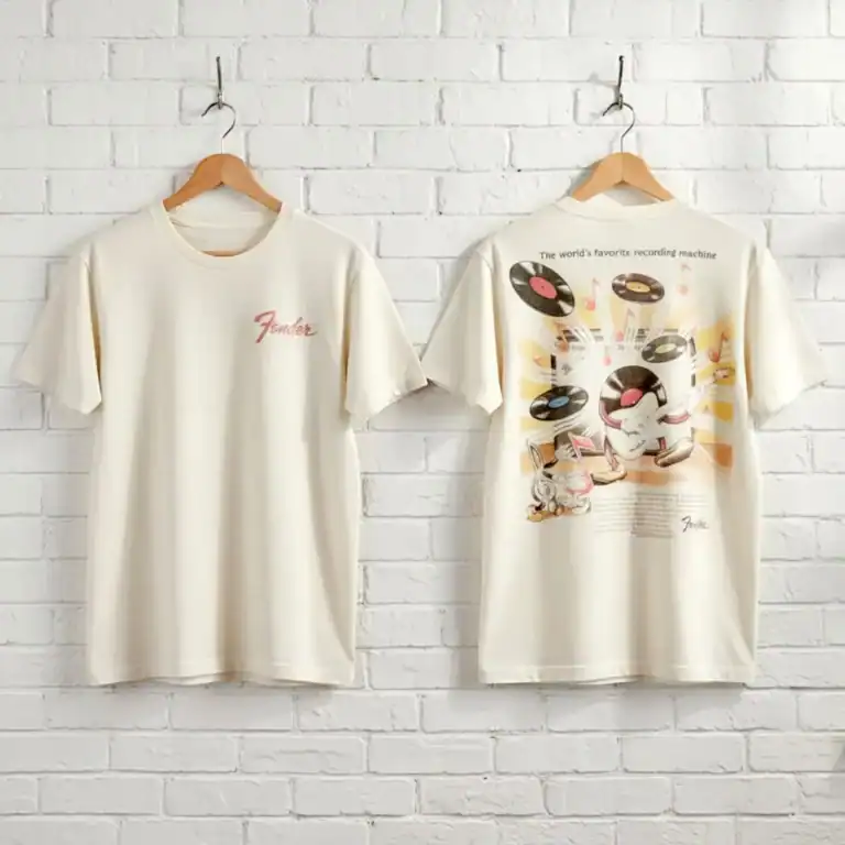 Fender Flying Vinyl T-shirt with record player graphic and logo.