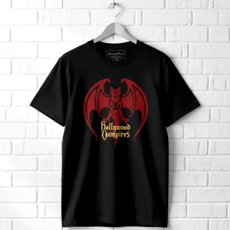 Bat logo graphic with Hollywood Vampires text on black T-shirt.