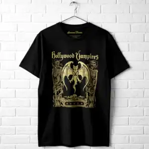 Black T-shirt featuring Hollywood Vampires crypt design with gothic elements.