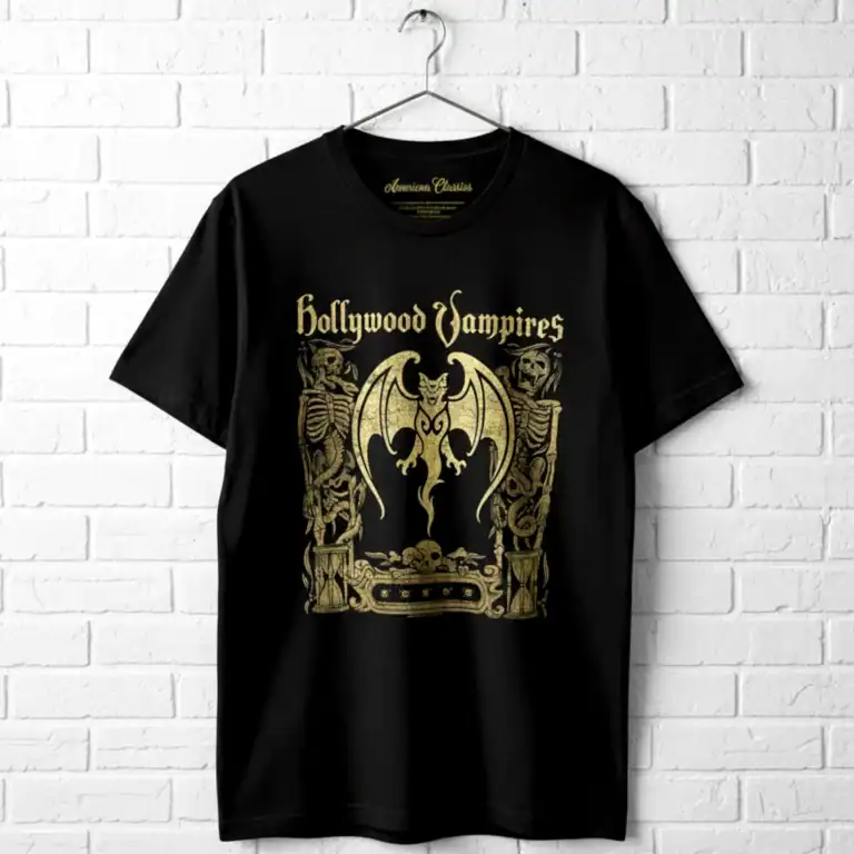 Black T-shirt featuring Hollywood Vampires crypt design with gothic elements.