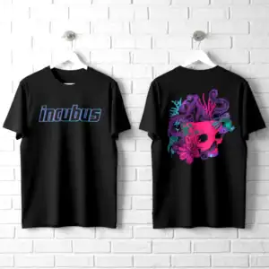 Men's black T-shirt featuring a vibrant octopus skull and tentacles design.