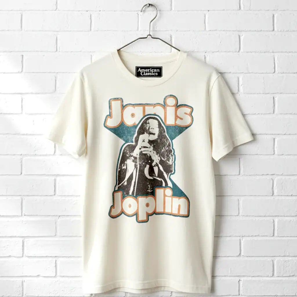 Vintage Janis Joplin band t-shirt featuring iconic singer graphic, perfect for music fans.