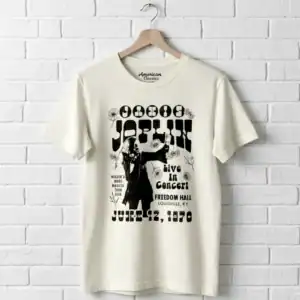 Classic 1970s Jimi Hendrix concert T-shirt featuring psychedelic artwork and event details.
