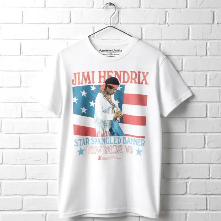 Jimi Hendrix graphic T-shirt featuring American flag and star design, perfect for music and vintage.