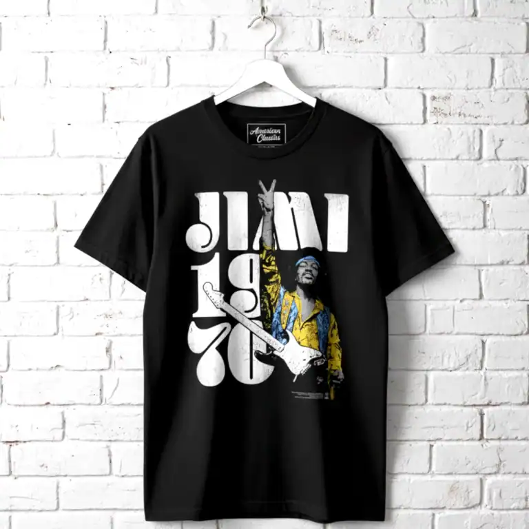 Black Jimi Hendrix graphic T-shirt featuring guitar and bold text design.