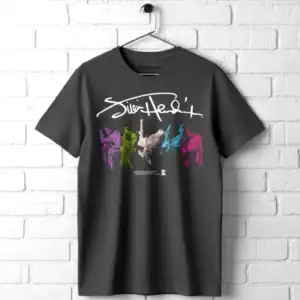 Black T-shirt with colorful abstract art and signature design by Solinee.