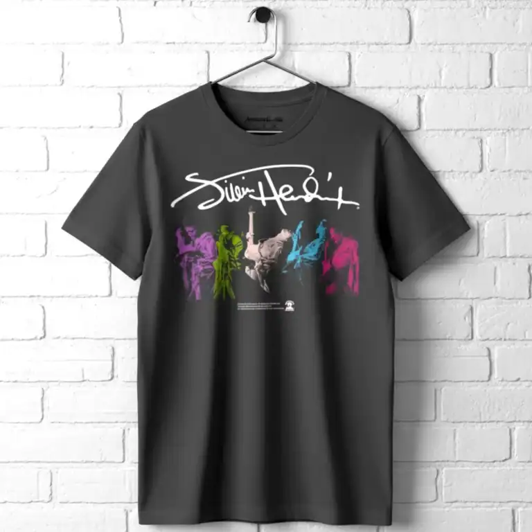 Black T-shirt with colorful abstract art and signature design by Solinee.
