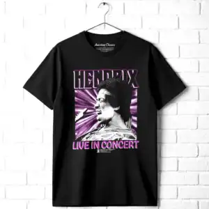 Hendrix live concert graphic T-shirt with vibrant purple design.