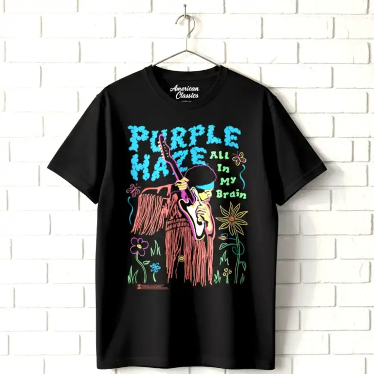 Purple Haze T-shirt with psychedelic design and floral accents, inspired by 1960s counterculture.