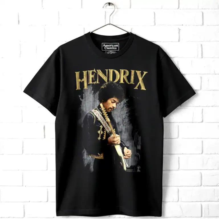 Hendrix graphic T-shirt featuring iconic musician with guitar, black background, vintage style.